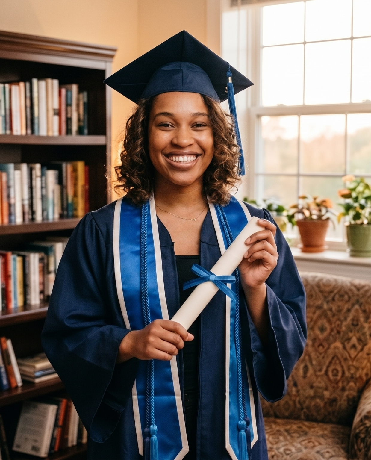 Adult graduate holding her diploma